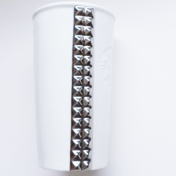Starbucks 2014 White Ceramic Silver Studded Travel Coffee Mug With Lid 10oz - Picture 7 of 12